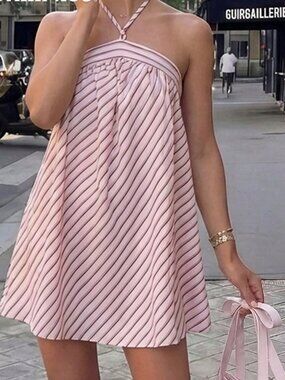 Baby Pink Elegant Striped Spaghetti Strap Women's Mini Dress with Back Tie